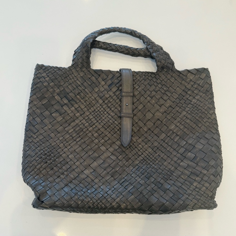FALORNI Italia Le Borse Woven Genuine Leather Tote with closure Black/Dark Brown - Picture 2 of 8